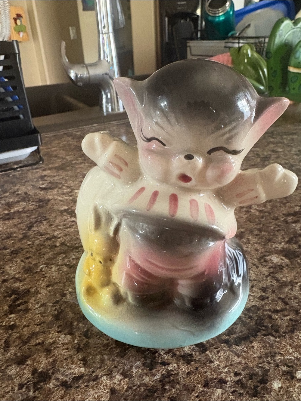 Vintage Ceramic Kitty planter in Pink, Gray & Cream